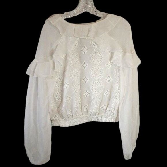 Free People Flowy Crop Semi Sheer Ruffle Eyelet Blouse S White - Picture 9 of 12